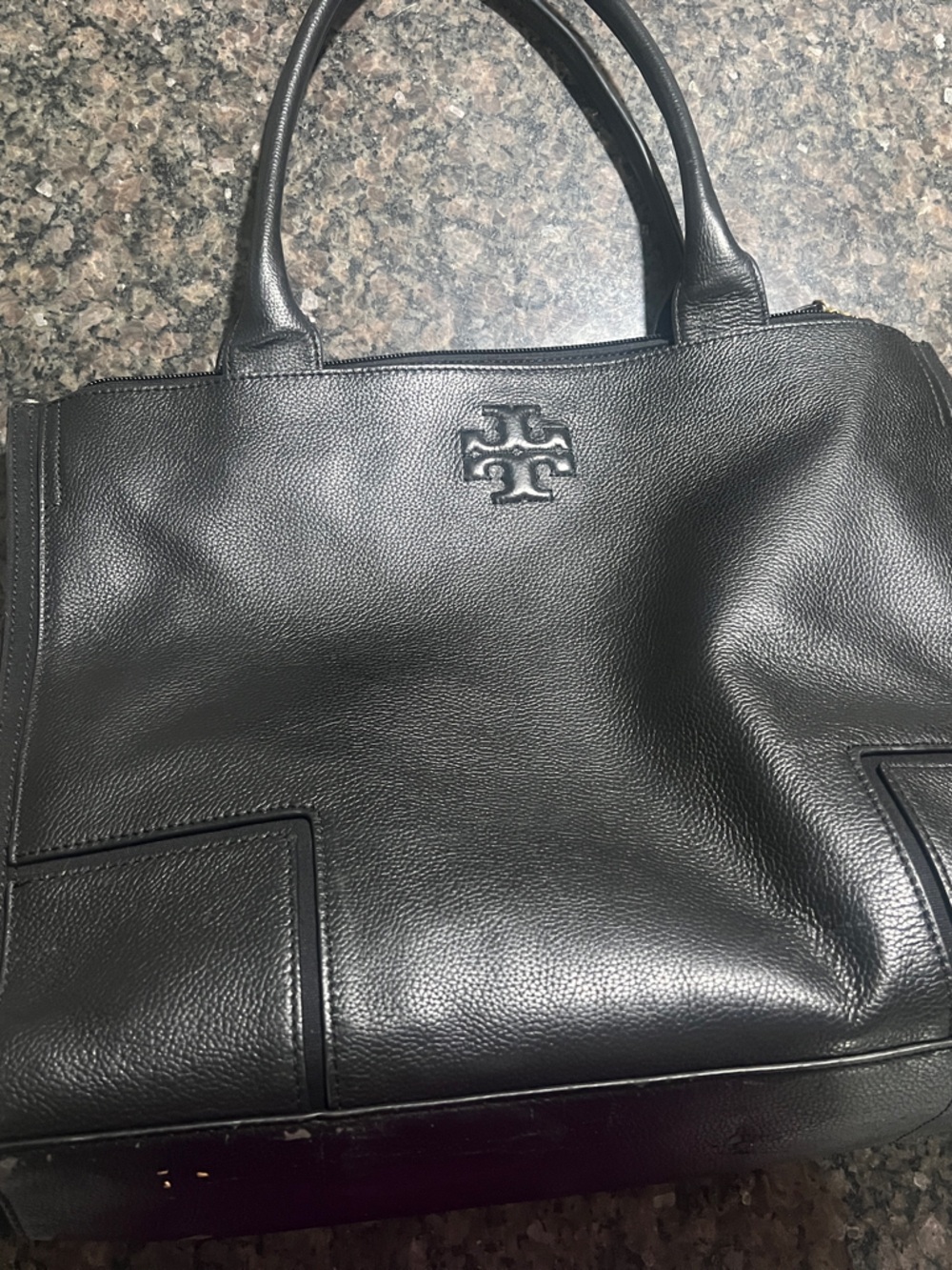 Tory Burch Black Pebbled Leather Tote with Logo